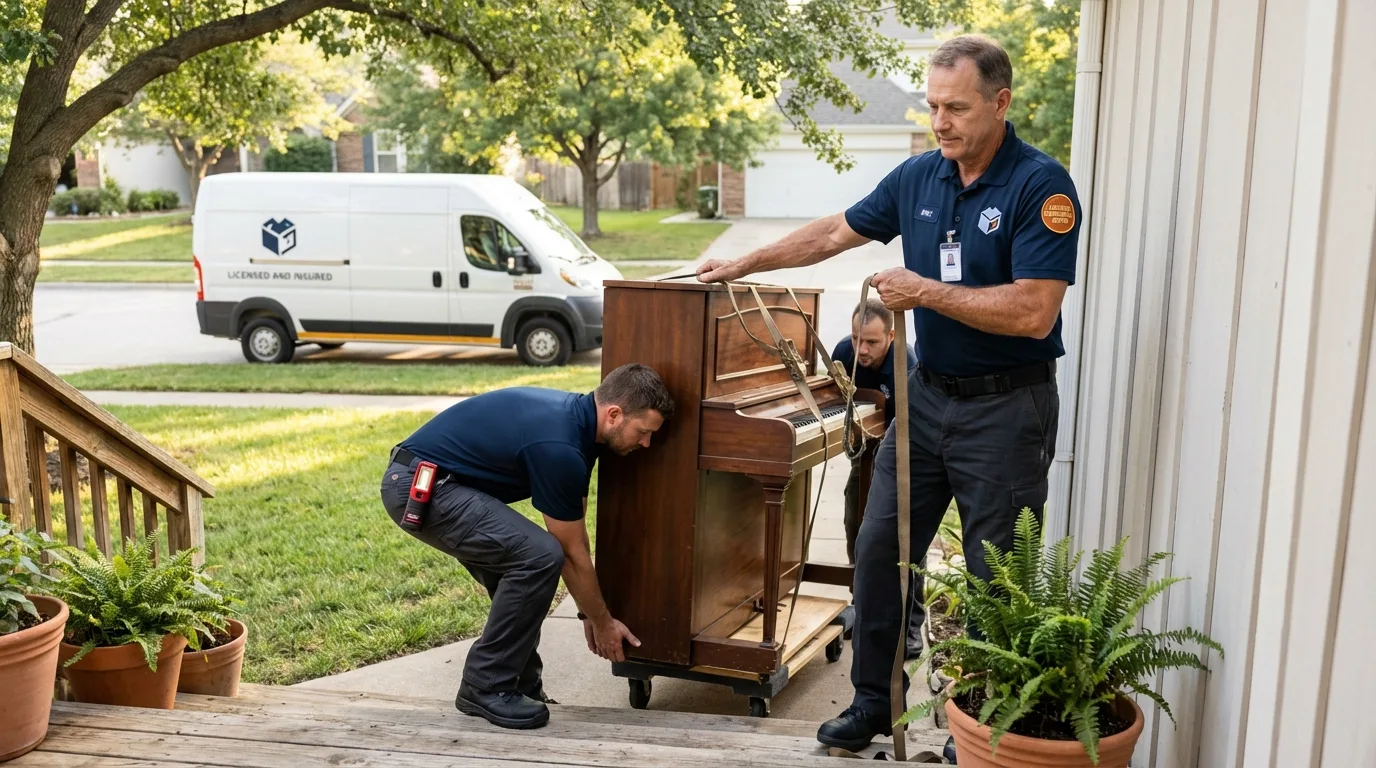 Licensed piano movers securing grand piano in Louisville, GA
