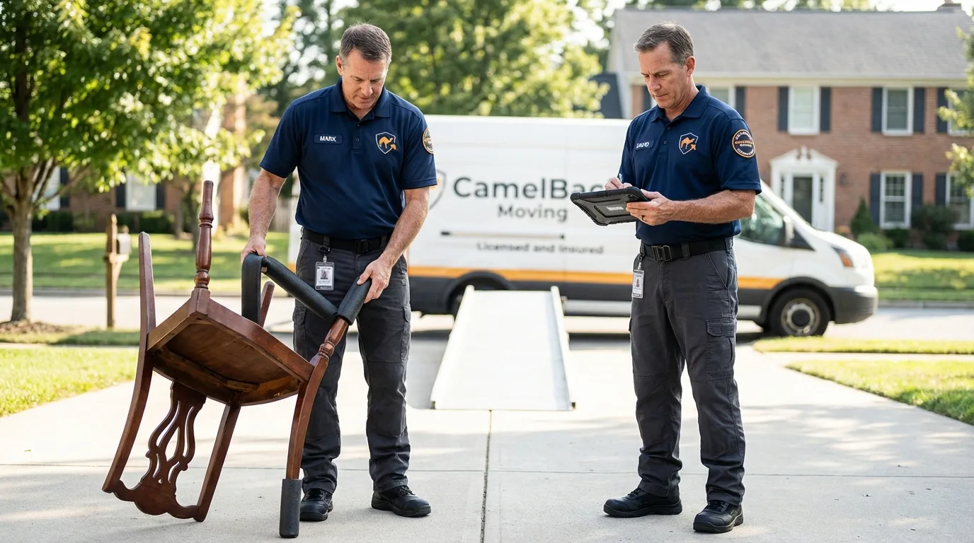 Movers inspecting furniture for damage prevention before loading in Louisville, GA