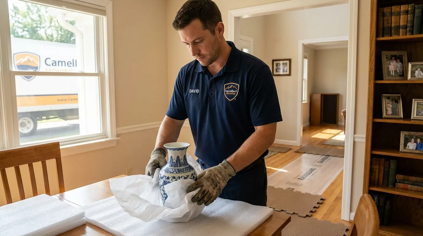 Professional crew carefully wrapping antique vase for senior downsizing move in Louisville, GA